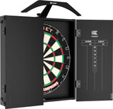 Angled view of dartboard mounted in black cabinet with open doors, built-in LED lighting system and chalk scoreboard for home darts setup