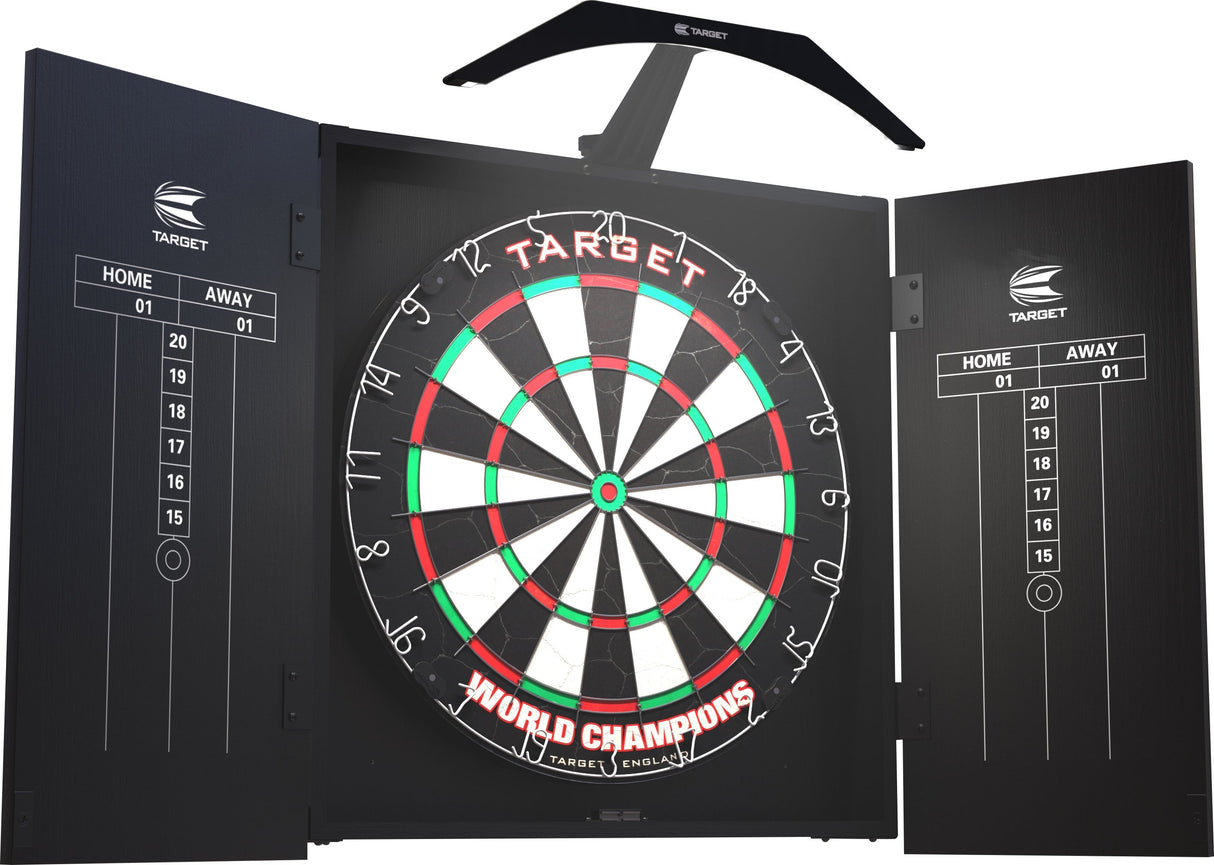 Dartboard set in open cabinet with dual chalk scoreboards and arc lighting, showcasing full setup for home darts games