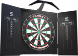 Dartboard set in open cabinet with dual chalk scoreboards and arc lighting, showcasing full setup for home darts games