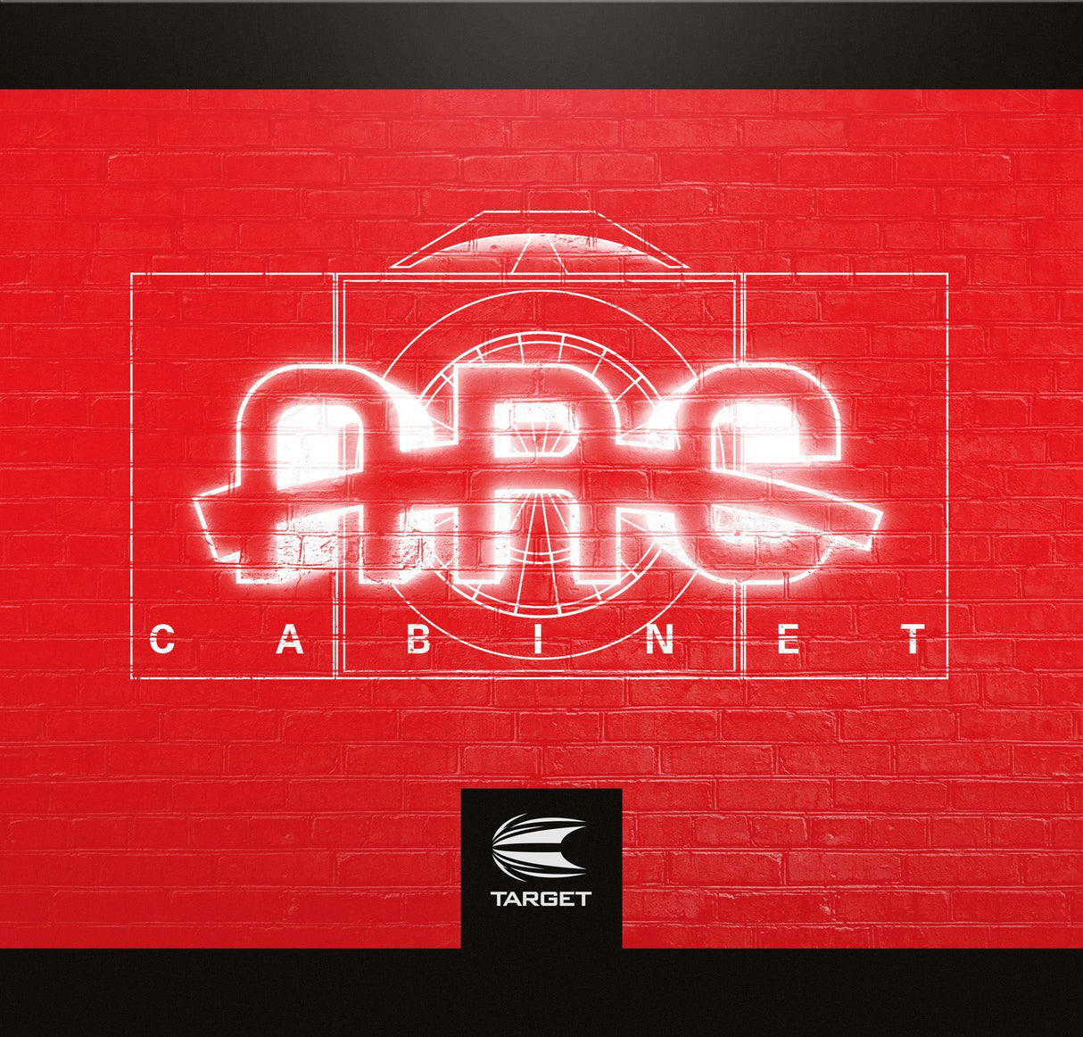 Dartboard cabinet set packaging with neon-style ARC logo on red brick background, ideal for home darts setup