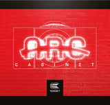 Dartboard cabinet set packaging with neon-style ARC logo on red brick background, ideal for home darts setup