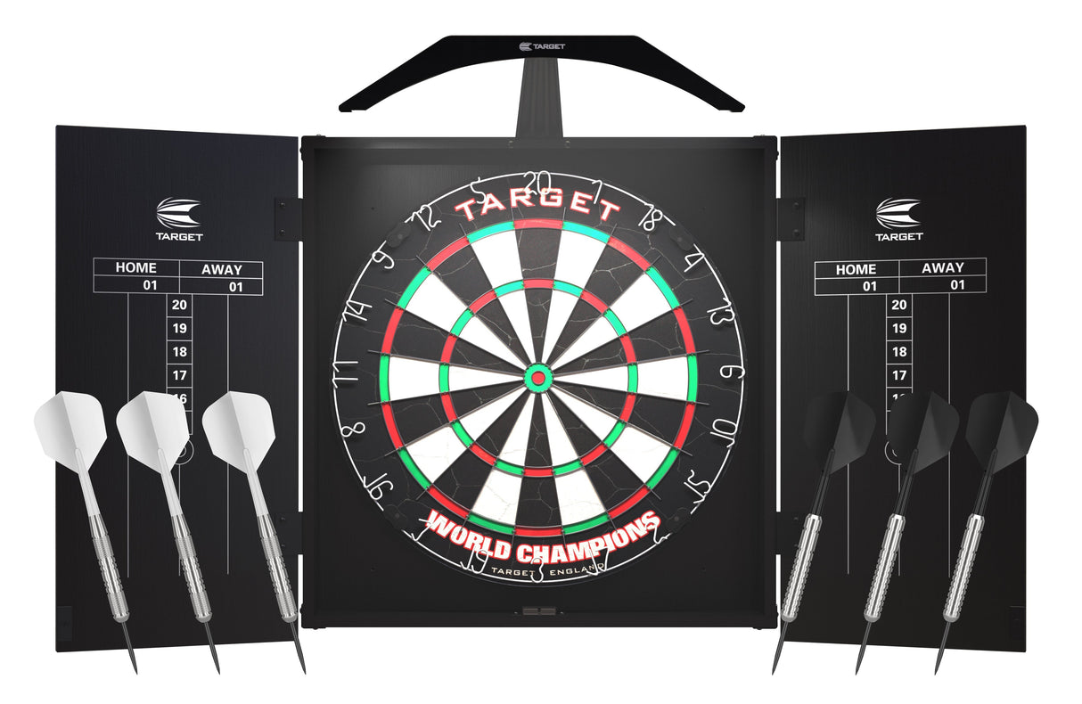 Dartboard cabinet set with illuminated bristle board, six steel tip darts, scoreboard panels, and black cabinet open on white background