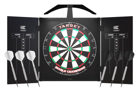 Dartboard cabinet set with illuminated bristle board, six steel tip darts, scoreboard panels, and black cabinet open on white background