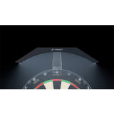 Angled view of dartboard light mounted above dartboard, bright LED illumination highlighting scoring areas