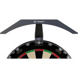 Dartboard light mounted above dartboard, full front view showing lighting coverage and simple installation, ideal for darts setup