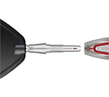 Macro close-up of tungsten dart stem and barrel connection with visible threading and red grip accents for precision assembly