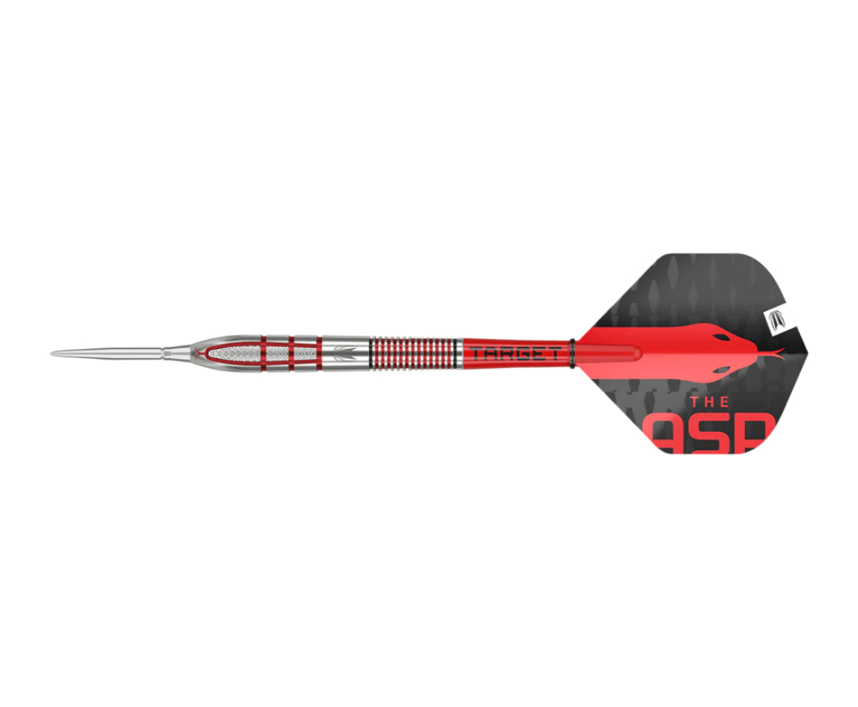 Full view tungsten dart with red ringed grip, silver barrel, and custom snake-themed flight on white background