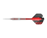 Full view tungsten dart with red ringed grip, silver barrel, and custom snake-themed flight on white background