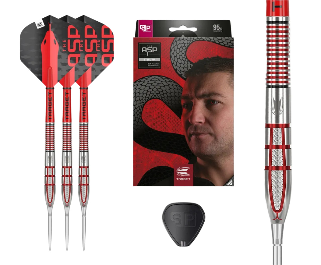Set of three 95% tungsten darts with red-black flights, close-up of precision grip barrels, retail box, and extra SP flight included