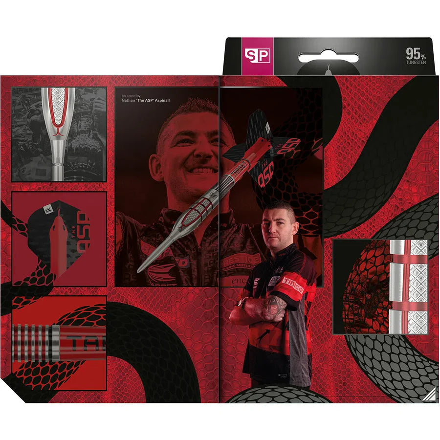 Dart set in open display packaging showing full tungsten dart, close-up barrel grip texture, flight design, and player portrait