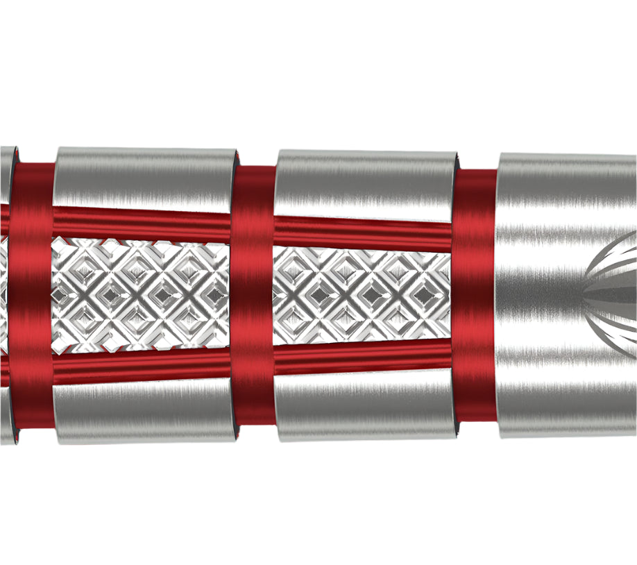 Macro close-up of 95% tungsten dart barrel showing diamond grip texture, red rings, and detailed knurling for enhanced grip