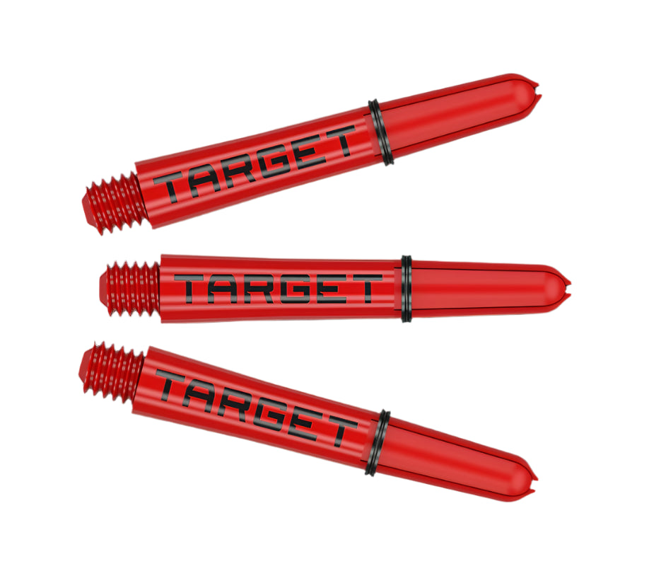 Red dart shafts with black Target logo, threaded ends and rings, isolated on white for tungsten darts accessories