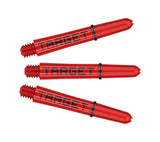 Red dart shafts with black Target logo, threaded ends and rings, isolated on white for tungsten darts accessories