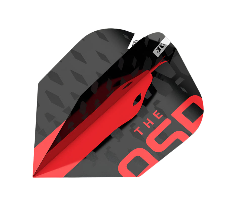 Close-up of black and red Aspinall G2 dart flight with geometric patterns and bold lettering, isolated for detail