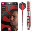 Steel tip tungsten dart with red and silver precision grip design shown next to retail packaging, full product view for dart players