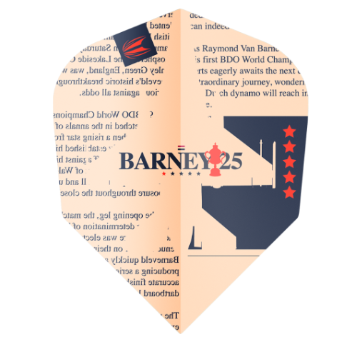 Target BARNEY25 Pro Ultra No.6 dart flight upright on a white background, newsprint tribute design