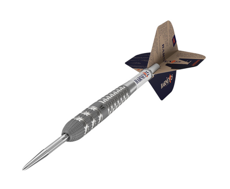 Angled dart view showing 95% tungsten barrel grip, precision point, and anniversary flight design on white background