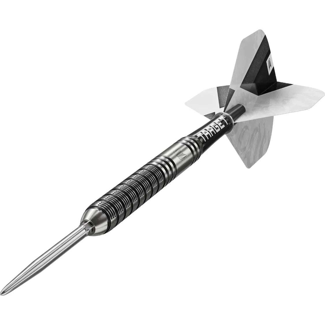 Angled view of 90% tungsten dart displaying precision-machined ringed barrel, steel tip, and silver-black flight on white background