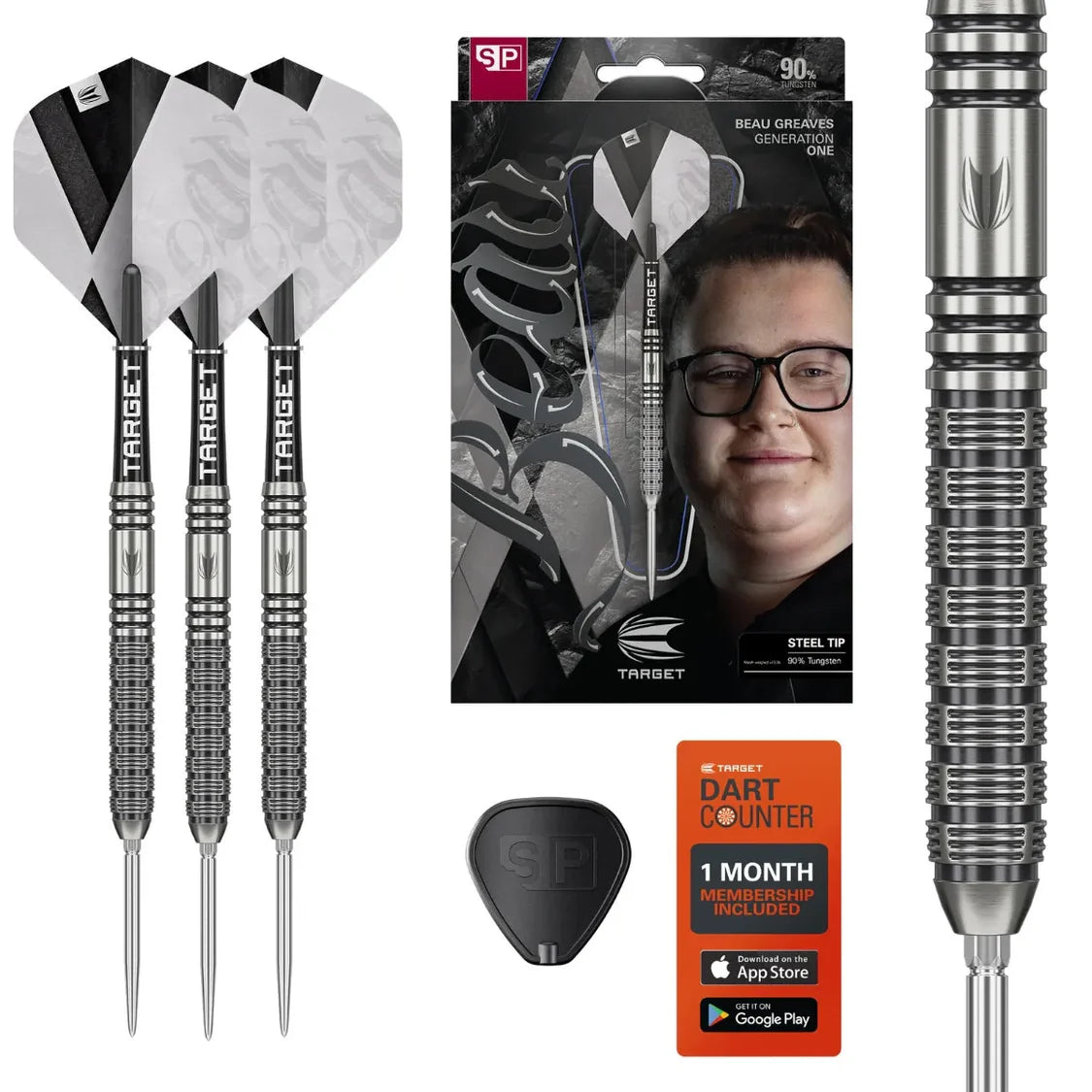 Steel tip tungsten darts set with detailed barrel grip close-up, retail packaging, spare flight, and dart counter app card