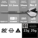 Full dart product view with barrel, point, shaft, and flight dimensions, radial grooved grip, 90% tungsten, available in 23g and 25g