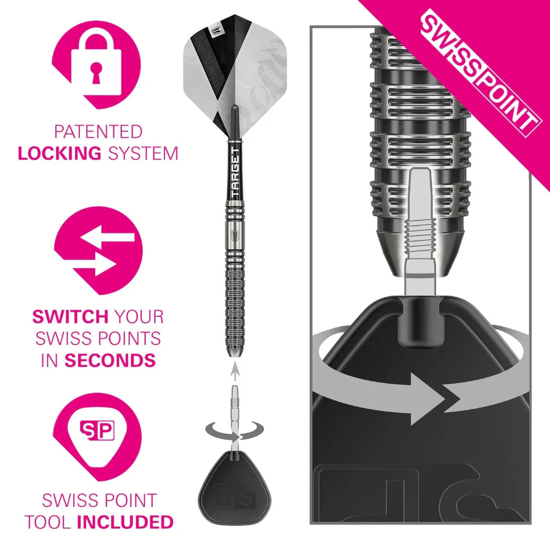 Full dart and macro shot showing Swiss Point locking system, removable tip feature, grip rings, and included dart tool on white background