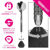 Full dart and macro shot showing Swiss Point locking system, removable tip feature, grip rings, and included dart tool on white background