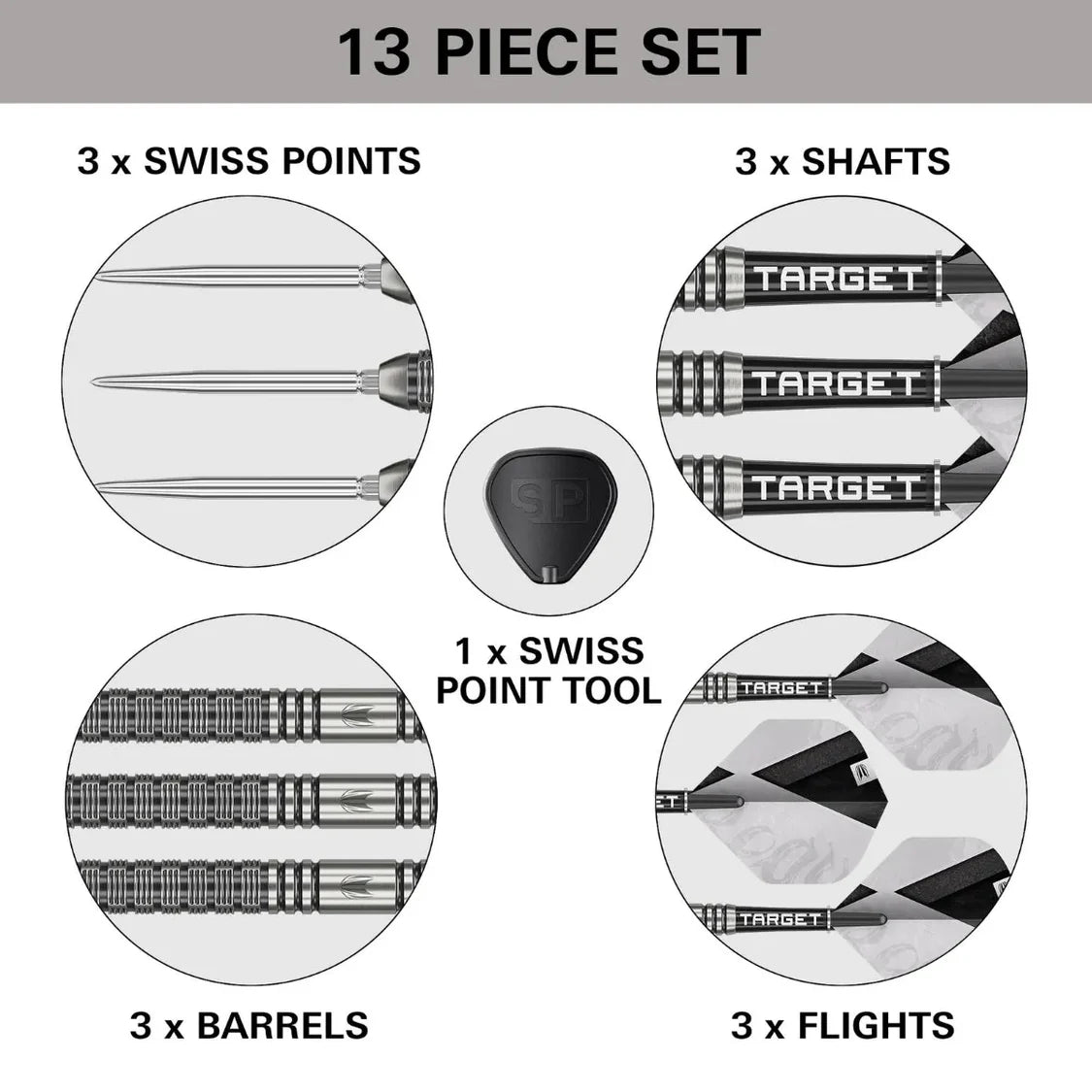 Full dart set diagram with labeled close-up views of 3 Swiss points, 3 shafts, 3 barrels, 3 flights, and Swiss Point tool for tungsten darts
