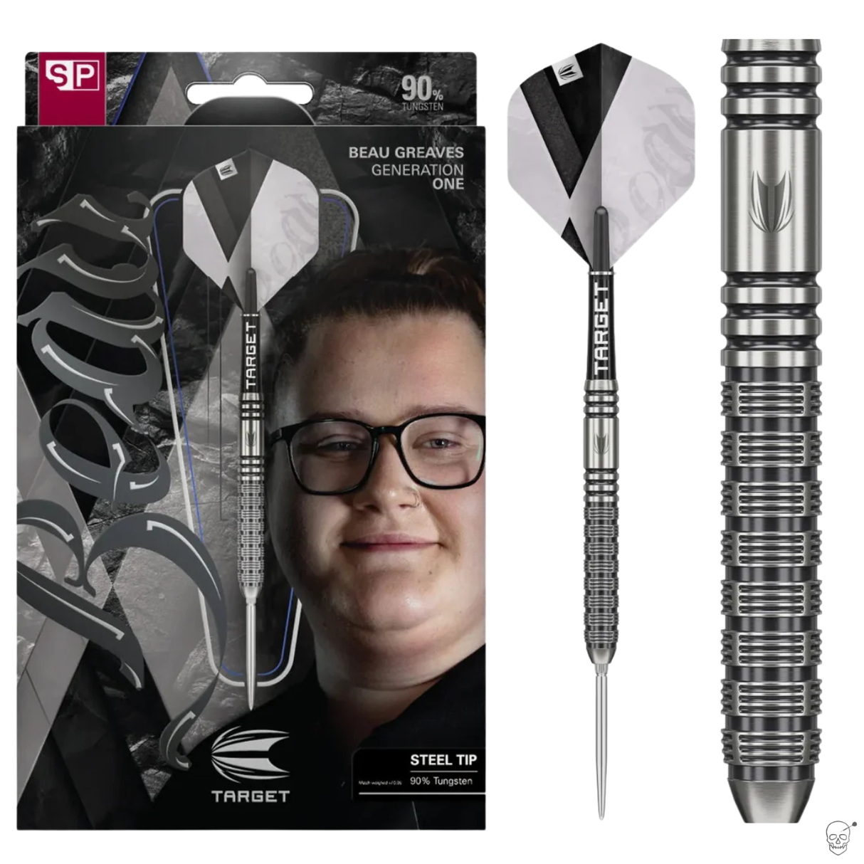 Steel tip tungsten dart with black and white flights displayed in retail packaging, full dart view, and macro shot of precision grip barrel
