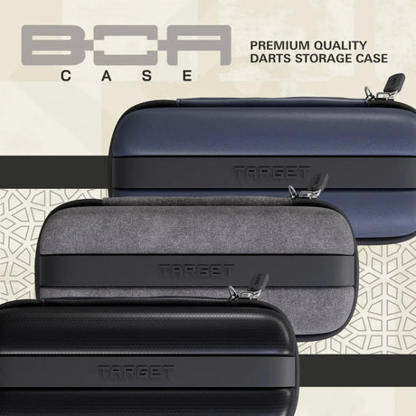 Three BOA darts cases in blue, grey, and black displayed side by side with visible textured surfaces and secure zip closures