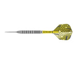 Steel tip tungsten dart with precision grip barrel, yellow Pro Grip shaft, and yellow patterned flight, full side view on white background