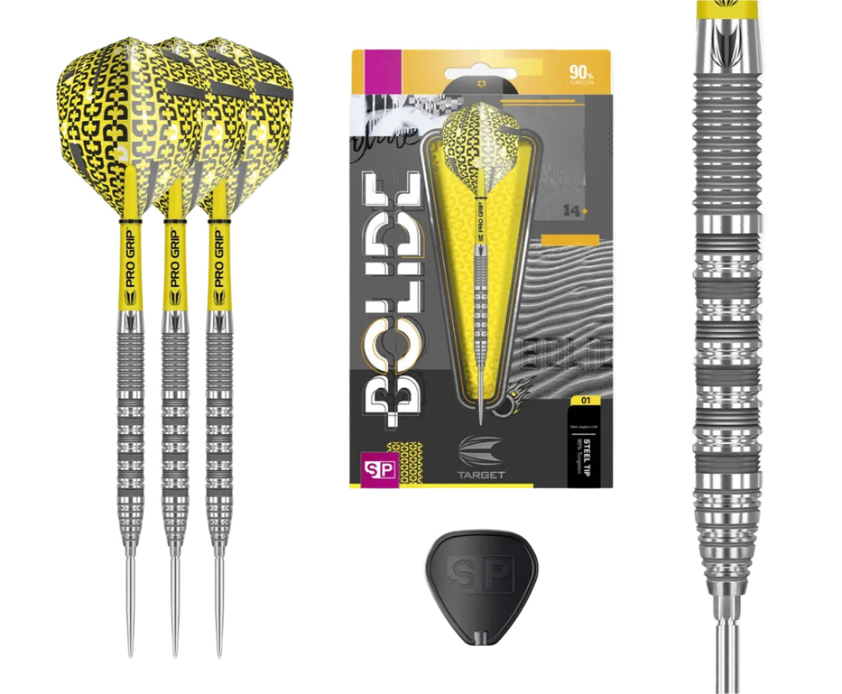 Steel tip tungsten darts set with yellow patterned flights, close-up of barrel grip, boxed retail packaging, and SP flight protector on white.