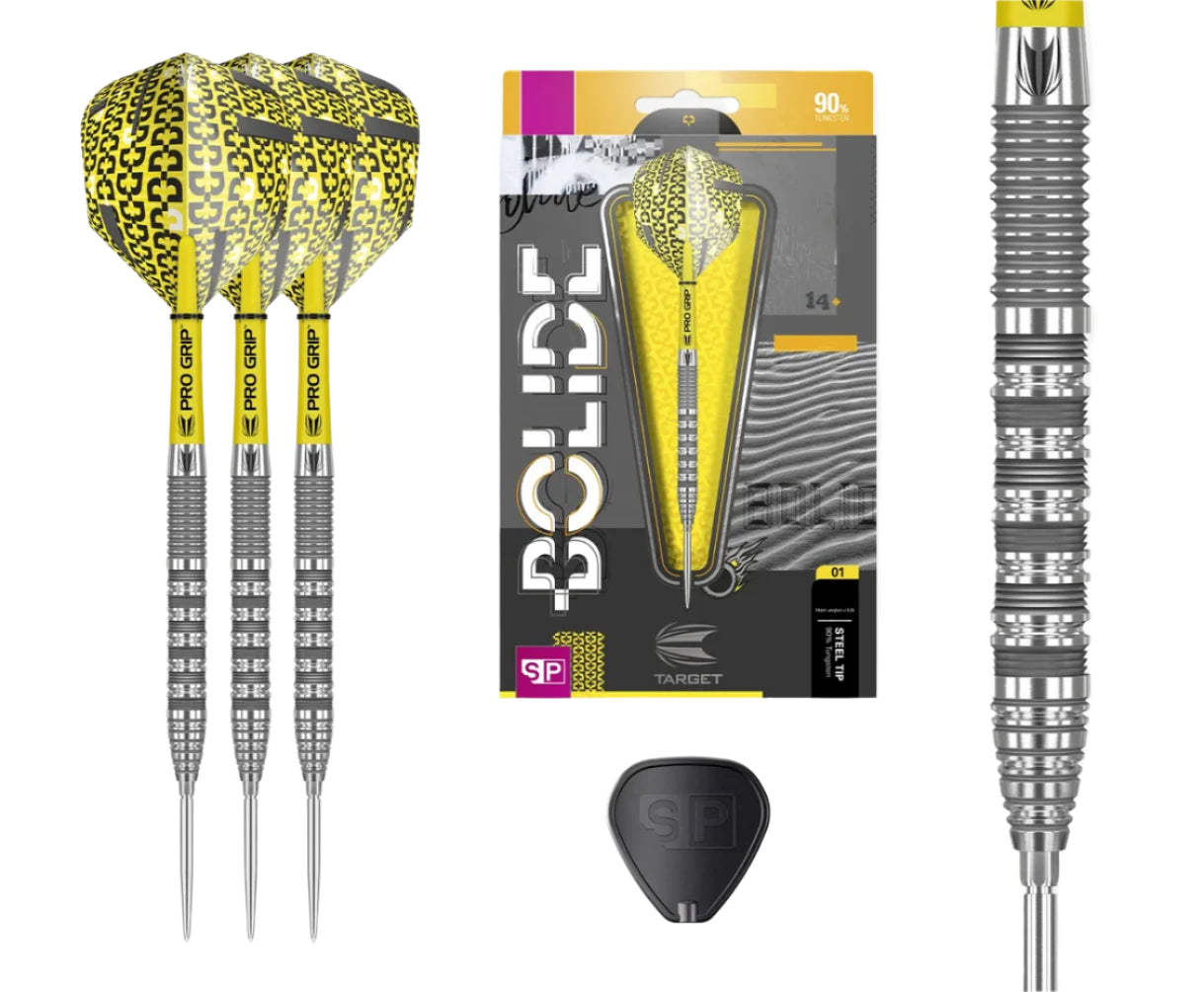 Steel tip tungsten darts set with yellow patterned flights, close-up of barrel grip, boxed retail packaging, and SP flight protector on white.