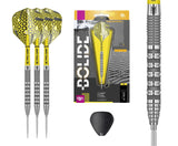 Steel tip tungsten darts set with yellow patterned flights, close-up of barrel grip, boxed retail packaging, and SP flight protector on white.