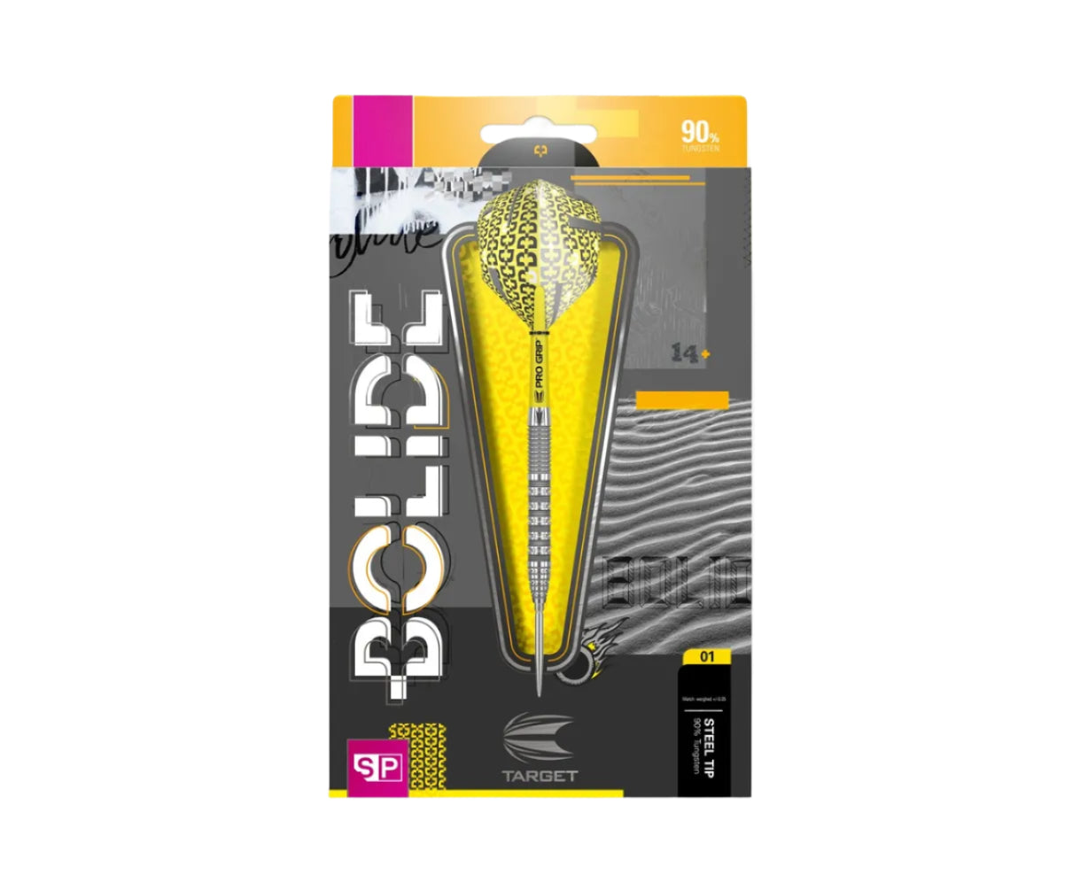 Steel tip tungsten dart in retail packaging, showing barrel grip texture, Pro Grip shaft, yellow patterned flight, full product display