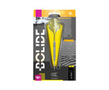 Steel tip tungsten dart in retail packaging, showing barrel grip texture, Pro Grip shaft, yellow patterned flight, full product display