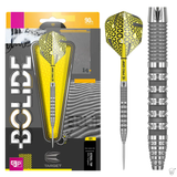 Steel tip tungsten dart in retail packaging alongside close-up of knurled barrel grip and yellow pro grip flight
