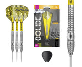Steel tip tungsten darts set with yellow flights, knurled barrel close-up, retail packaging, and included spare point on white background