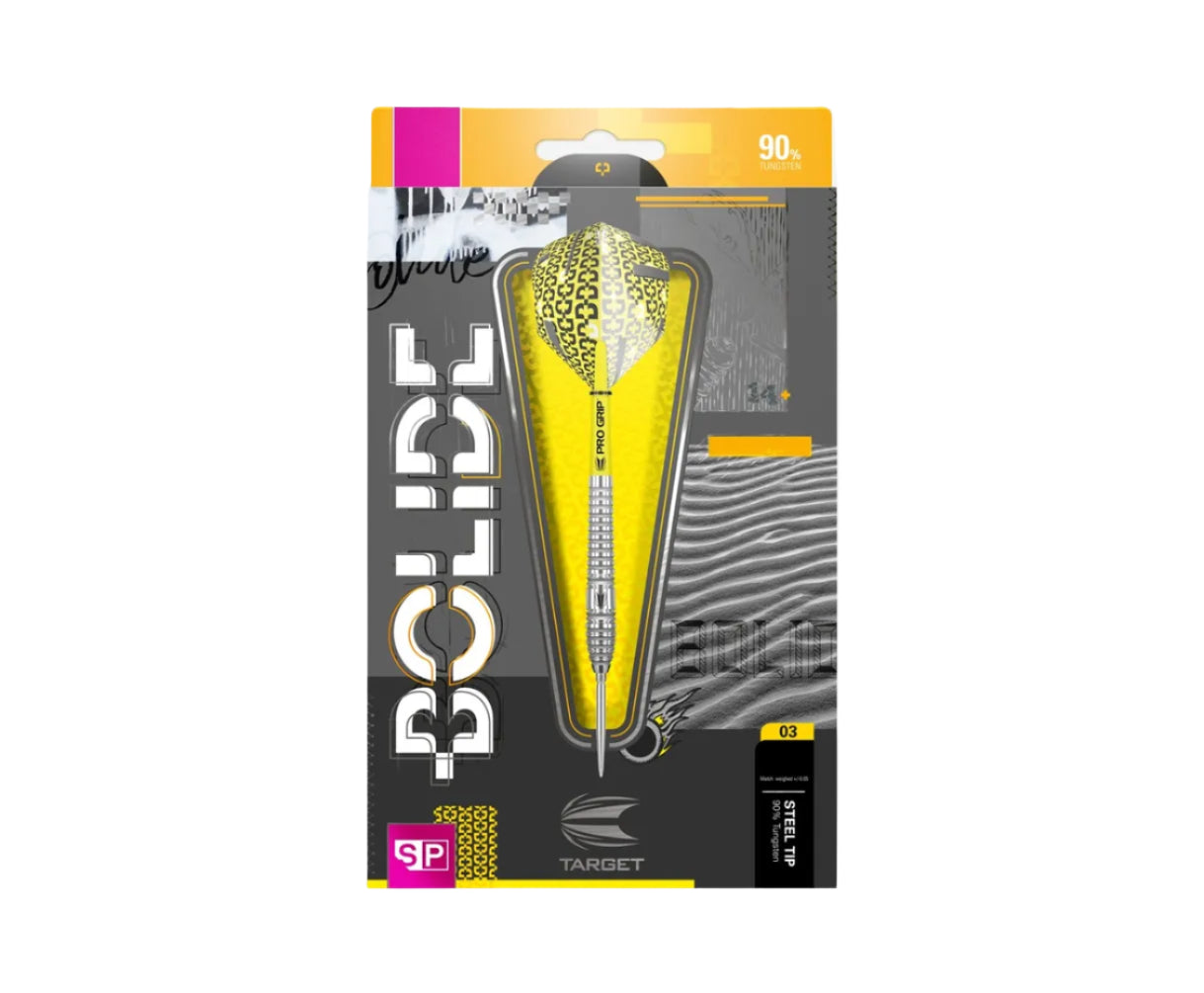 Steel tip tungsten dart in retail packaging, showing knurled barrel grip and yellow patterned flight, full product view for buyers.