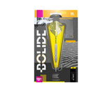 Steel tip tungsten dart in retail packaging, showing knurled barrel grip and yellow patterned flight, full product view for buyers.