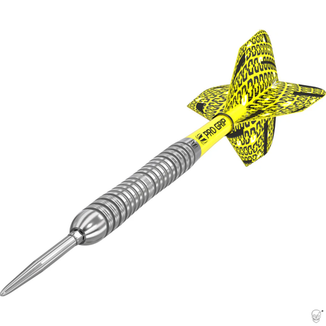 Angled tungsten dart with grooved barrel, pointed tip, and yellow patterned flight, isolated on white background