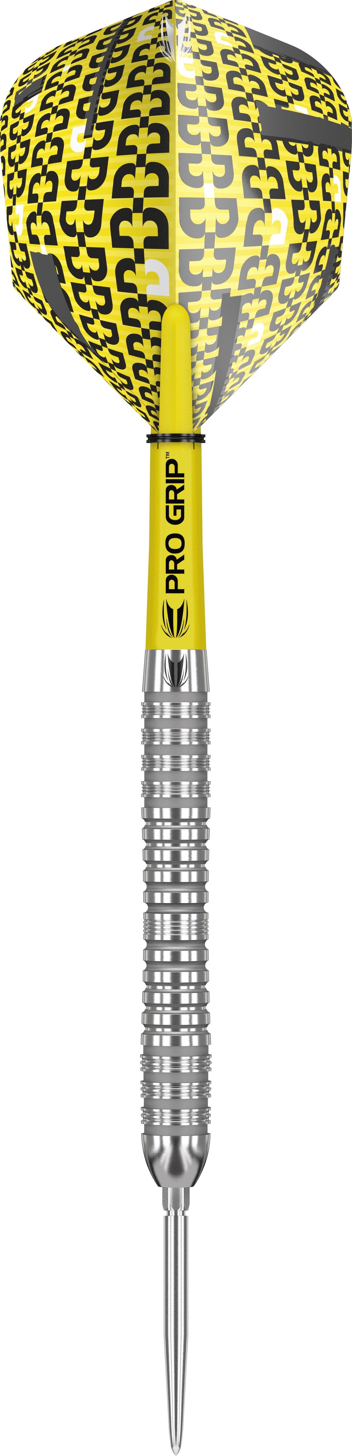 Single 90% tungsten steel tip dart with yellow Pro Grip shaft, black and yellow patterned flight, and precision grip rings, full product view
