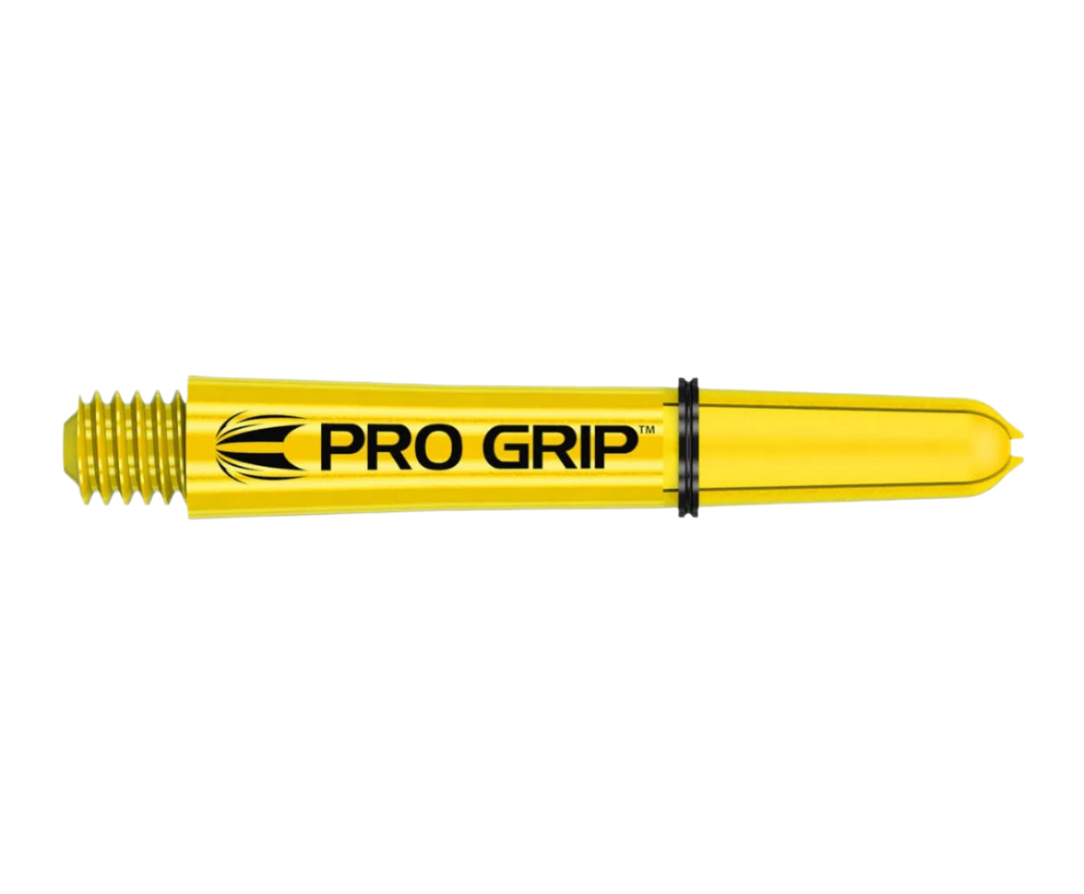 Yellow Pro Grip dart shaft isolated on white, showing threaded end and durable grip for dart assembly