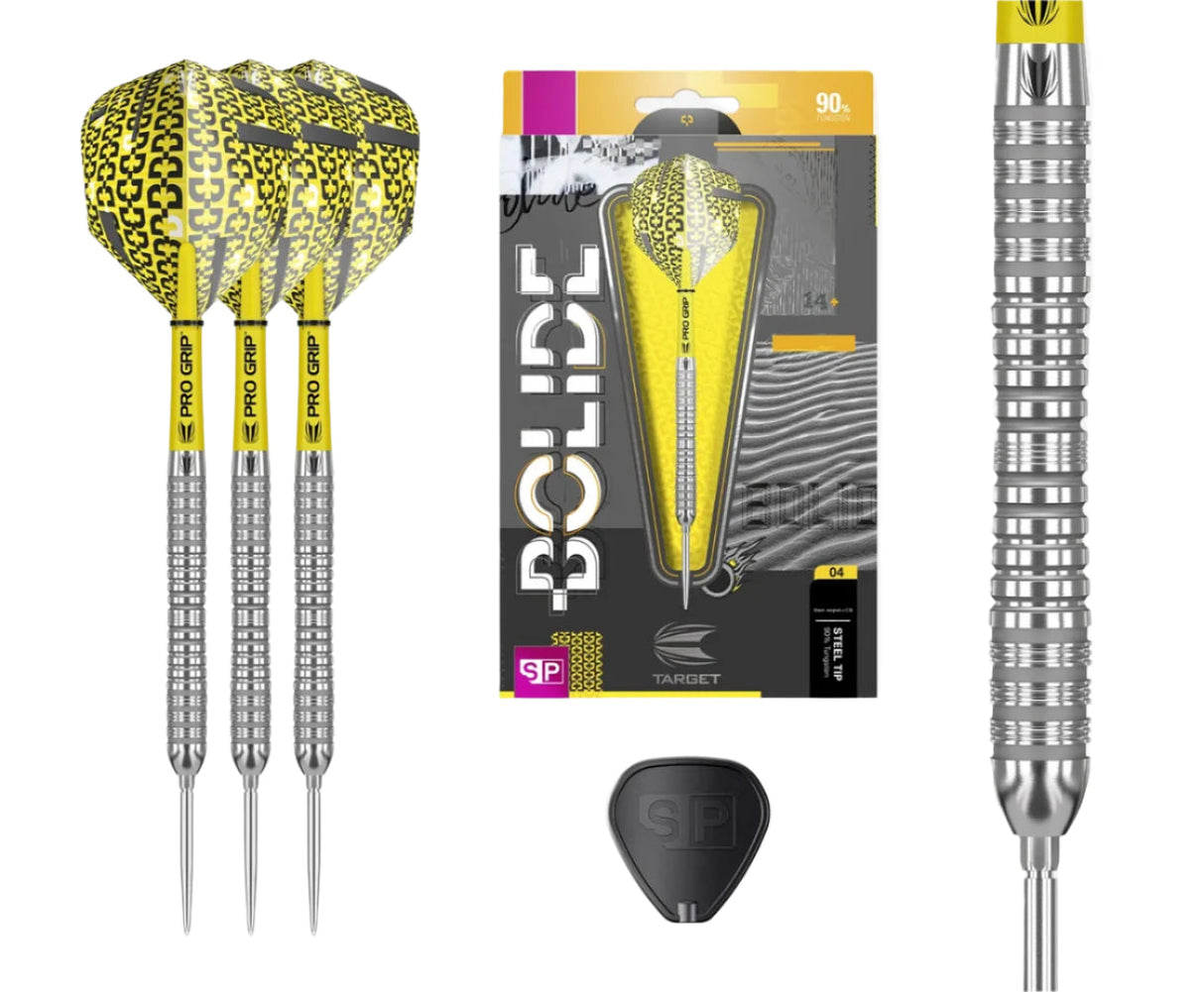 Steel tip darts set with yellow flights, knurled grip barrel close-up, packaging, and spare stem tool on white background