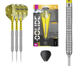 Steel tip darts set with yellow flights, knurled grip barrel close-up, packaging, and spare stem tool on white background