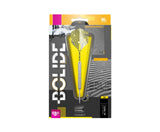 Steel tip tungsten darts set in retail packaging, full front view with grip texture and yellow flights visible, ideal for competitive dart players