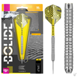 Steel tip tungsten dart in retail packaging with yellow patterned flight, plus close-up of precision ringed barrel grip, ideal for dart players