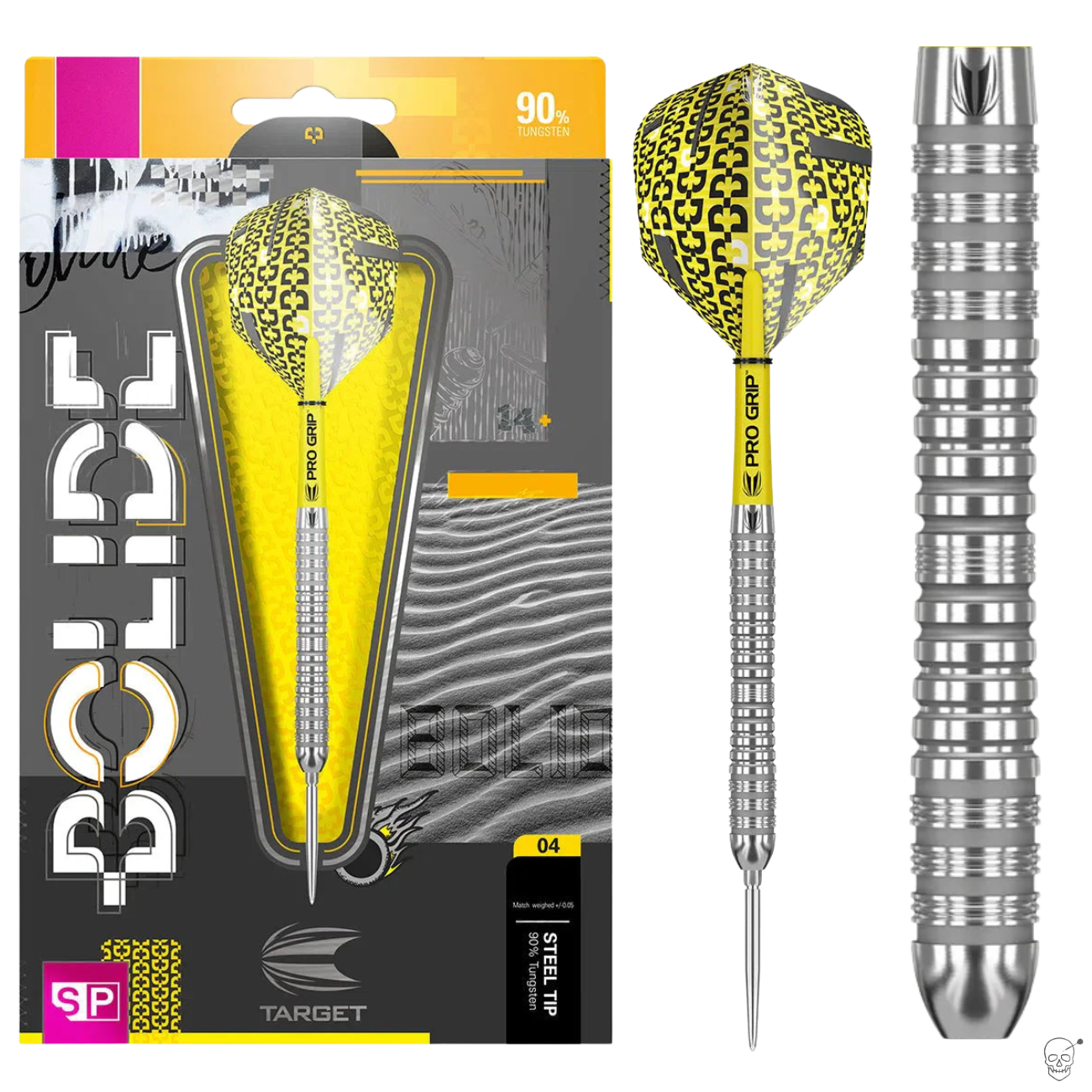 Steel tip tungsten dart in retail packaging with yellow patterned flight, plus close-up of precision ringed barrel grip, ideal for dart players