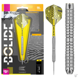 Steel tip tungsten dart in retail packaging with yellow patterned flight, plus close-up of precision ringed barrel grip, ideal for dart players