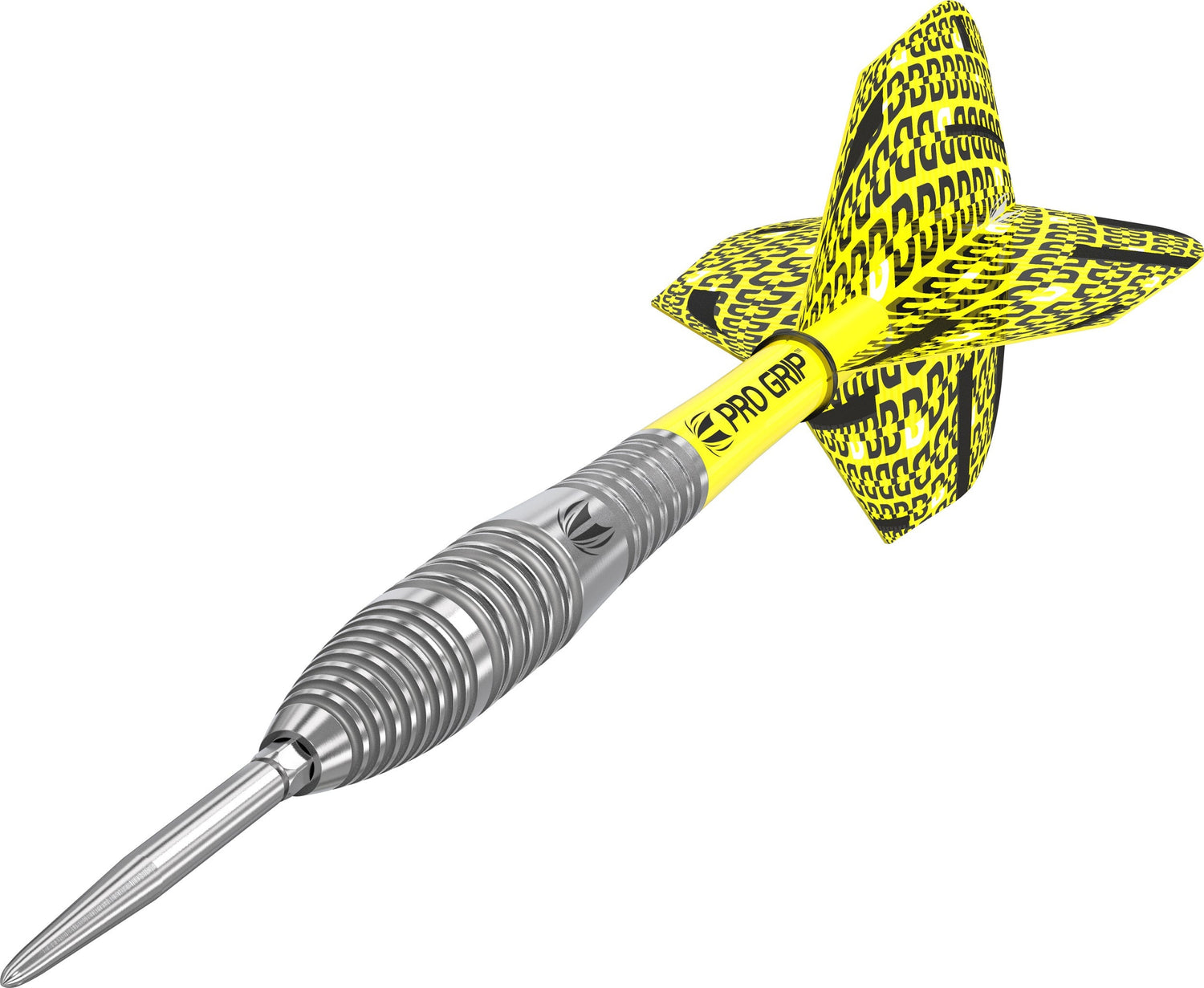 Angled view of tungsten dart with ringed grip barrel and yellow patterned flight, isolated on white background
