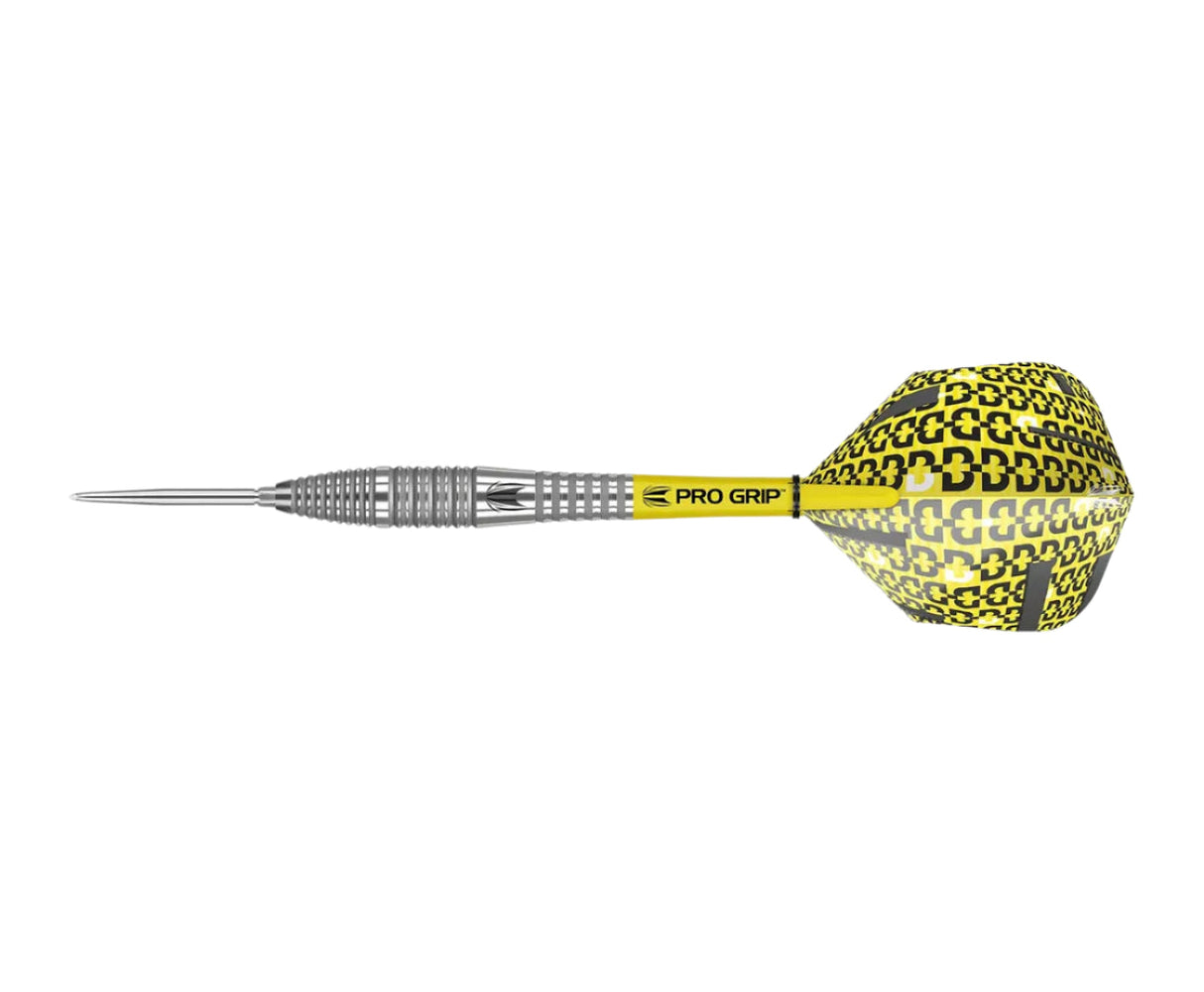 Tungsten dart with knurled grip barrel and yellow patterned flights, full side view on white for dart equipment buyers